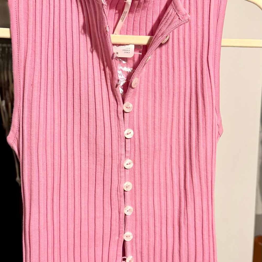 NWT Free People Pink Sleeveless Ribbed Button-Up Top
